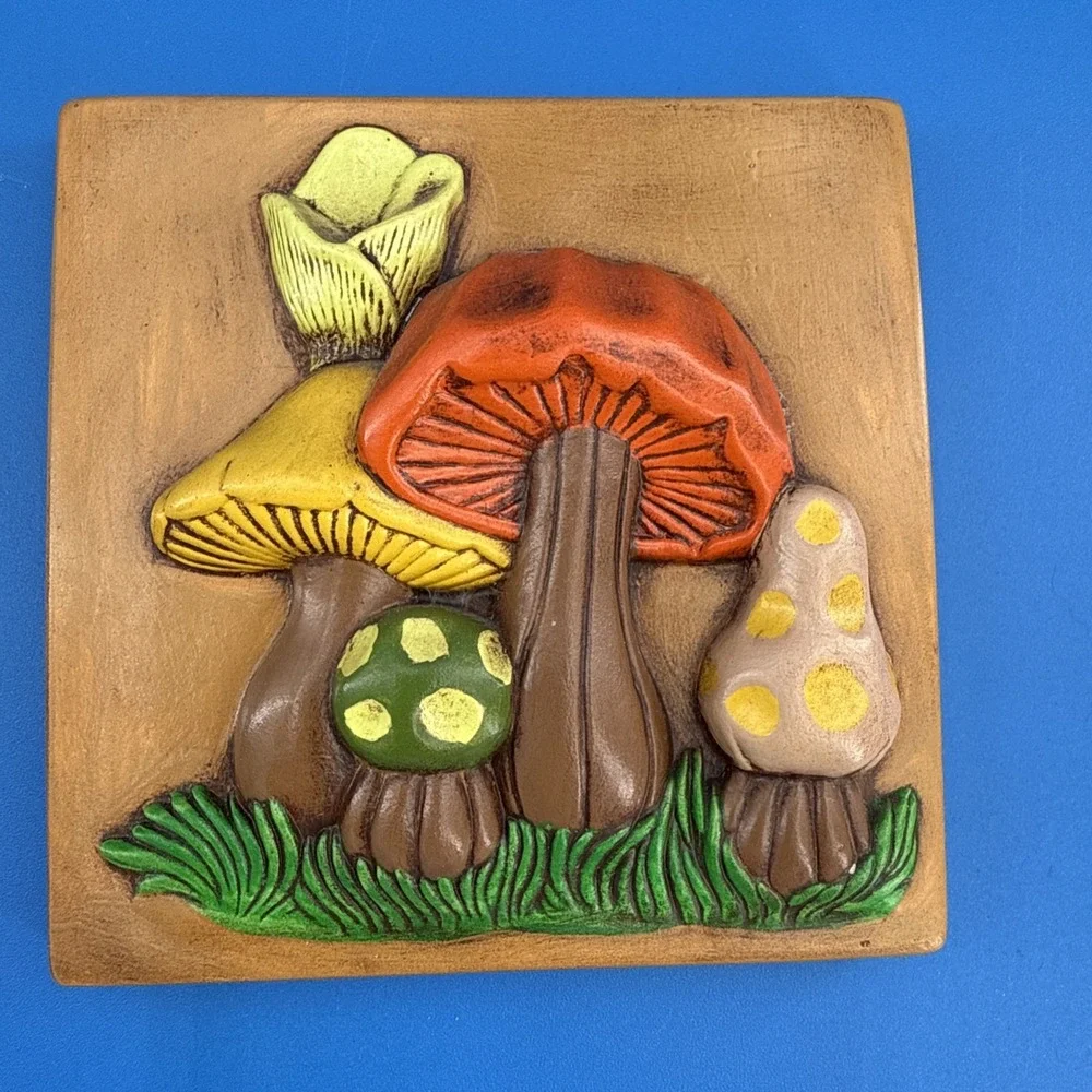 Vtg Lot Of 3 Mushroom Wall Art Hand Painted Orange Plaque 70s Ceramic 3D